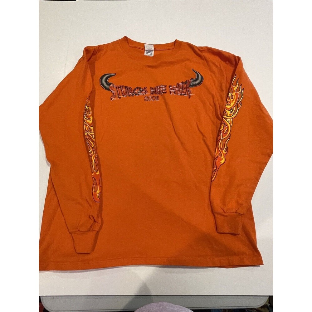 Sturgis Bike Week 2008 Long Sleeve Motorcycle T-Shirt Double Sided Orange Flames
